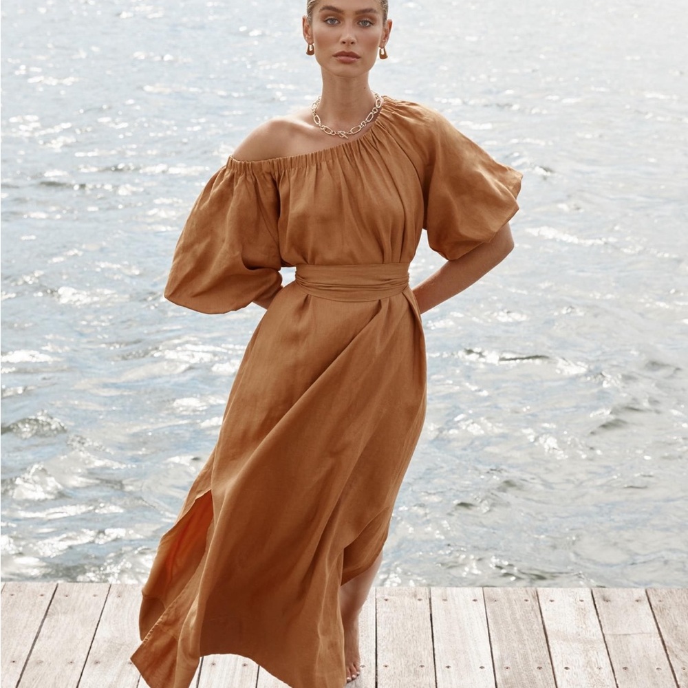 DISSH KATE TANGERINE LINEN MIDI DRESS